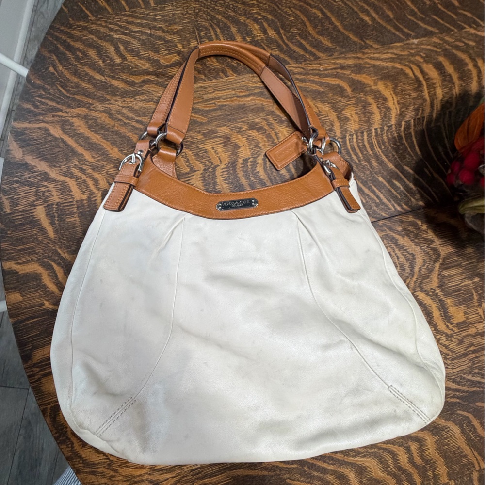 Coach White Leather Shoulder Bag with Brown Leather Trim